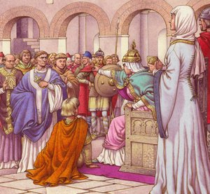 Brunehilda, burgundernes dronning, fordriver Columbanus (gouache på papir)