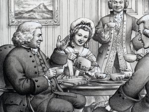 Dr. Johnson drikker te og bliver underholdt af hr. og fru Thrale
