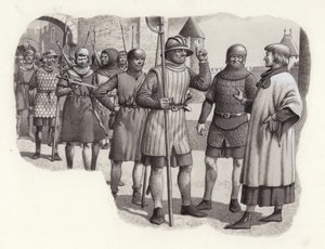 Fodsoldater fra det 14. århundrede (gouache på papir)