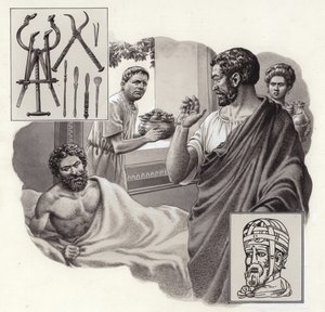 Lægen Galen risikerer sit liv ved at fortælle en romersk kejser, at han har spist for meget (gouache på papir)