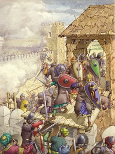 Godfrey de Bouillons styrker bryder ind i Jerusalems mure (gouache på papir)