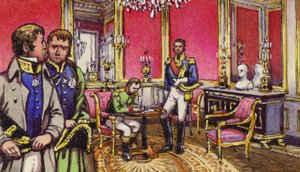 Napoleon underskriver abdikationspapirerne på Fontainbleau-paladset (gouache på papir)