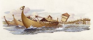 Olaf af Norge trækker støtterne på London Bridge ned (gouache på papir)
