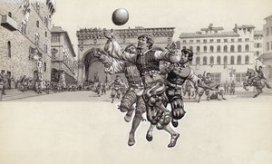 Spiller fodbold i Firenze (gouache på papir)