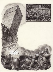 Spanske soldater sprænger fæstningsværker i luften med krudt (gouache på papir)