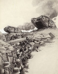 Kampvogne ruller over tyske skyttegrave under Første Verdenskrig (gouache på papir)