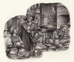 Kejser Maximilian i sin våbensmeds værksted (gouache på papir)