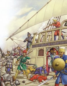Johanniterne beslaglagde Tyrkiets fineste galeon, Sultana (gouache på papir)