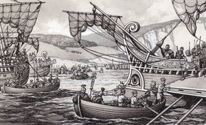 Romerne invaderede England i 55 f.Kr. under Julius Cæsar (gouache på papir)