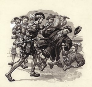 William Herbert angriber en uskyldig forbipasserende i Bristol (gouache på papir) af Pat (1907 95) Nicolle