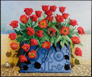 Getting There, 2011 (akryl på calico) blomster; tulipaner; stilleben; altankasse; tudse; frø; sommerfugle; af Pat Scott