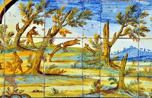 Napoli, Italien (Napoli, Italia): chiostro maiolicato, monastero di Santa Chiara - majolisk kloster (af fajance) i Santa Chiara-klosteret, midten af det 18. århundrede - majoliske dekorationer af mytologiske scener, landskaber og polykrome maritime scener, af Patrice Cartier