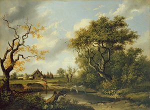 Hestedrikker ved en dam (olie på panel)