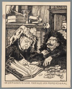 Ministrene De Visser og Simon de Vries som skatteopkræverne The Misers: efter Marinus van Romerwaal (titel på objekt) af Patricq Kroon (signed by artist)