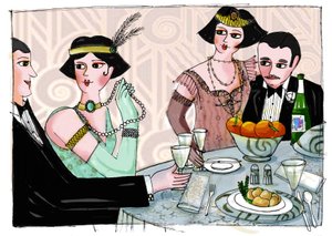 Illustration af en verdslig middag i "Gatsby the Magnificent" af den amerikanske forfatter Francis Scott Fitzgerald (1896-1940) (Den store Gatsby) Tegning af Patrizia Laporta
