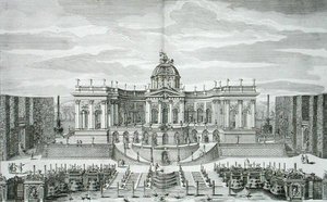 Den store grotte og fontænehaven ved Princely Pleasure Palace and Gardens, Berlin, indgraveret af Johann August Corvinus (1683-1738), udgivet ca. 1711-16 (gravering)