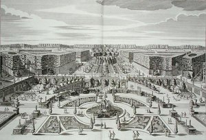 The Great Cascade of the Princely Pleasure Palace and Gardens, Berlin, graveret af Karl Remshard (1678-1735), udgivet ca. 1711-16 (gravering)
