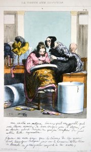 Arbejder i en hattemagervirksomhed, der skriver et brev, ca. 1840 (farve litho)