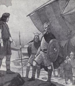 Brødrene Hengist og Horsa ankom til Ebbsfleet, Isle of Thanet, Kent, under invasionen af anglerne, sakserne og jyderne i det 5. århundrede (litho)