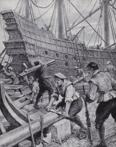 Bygning af den engelske galion Ark Royal, flagskibet i kampen mod den spanske armada i 1588 (litho)