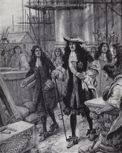 Kong Charles II fører tilsyn med genopbygningen af St Pauls Cathedral efter den store brand i London