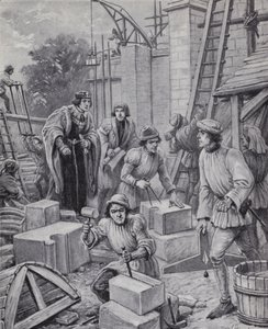Kong Henry VI fører tilsyn med bygningen af Eton College, som han grundlagde i 1440 (litho)