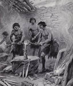 Mænd, der arbejder i et støberi i bronzealderen (litho)
