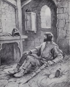 Robert the Bruce med edderkoppen, der inspirerede ham til igen at prøve at besejre englænderne (litho)