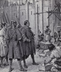 Vilhelm Erobreren fører tilsyn med bygningen af Tower of London (litho)