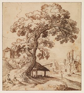 Landskab med ruiner og figurer, ca. 1615 (sort kridt, kuglepen og brunt blæk på lagt papir, med sorte blæk-rammelinjer) af Paul (circle of) Brill or Bril