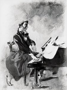 Komponisten og pianisten Frederic Chopin spiller klaver, af Albert Besnard (1849-1934), akvarel af Paul Albert Besnard