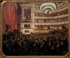 Premiere på Hernani Premiere-repræsentation af stykket "" Hernani"" af Victor Hugo (1802-1885) på Comedie Francaise den 25/02/1830. Maleri af Paul Albert Besnard (1849-1934) 1800-tallet søn. 1,05x1,22 m Paris, hus Victor Hugo
