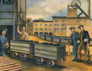 Grubehovedet i en kulmine i Storbritannien (farvelitografi) af Paul B. Mann