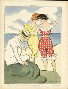 Illustration af Paul Balluriau (1860-1917) i Le Rire, 01/08/08 - Strande - Fritid, Kærlighed, Mode, Maritime Marine Seaside, Badetøj af Paul Balluriau