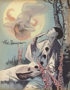 Pjerrot blæser et kys mod et syn af en nøgen kvinde (farve litho)
