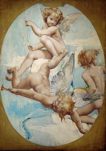 Ovale paneler i Grand Foyer viser putti med musikinstrumenter: trompet, triangel og bækkener ... af Paul Baudry