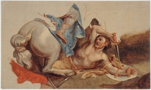 Studie af en falden hest og rytter, efter Le Brun (olie på papir)