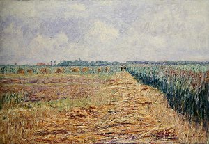 Et fladt hollandsk landskab under en sommerhimmel med klare hvide skyer, ca. 1890 (olie på lærred) af Paul Baum