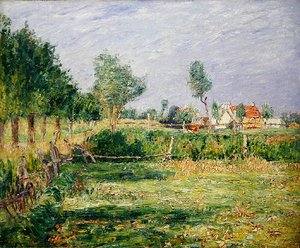 Holland, Landskab med bondehuse bag haver (olie på lærred)