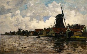 Holland, flodlandskab med to vindmøller (olie på træ)