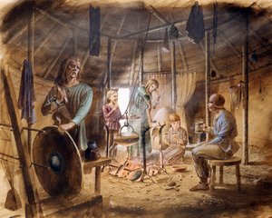 Inde i et jernalderhus, c5. århundrede f.Kr., c1990-2010 af Paul Birkbeck