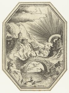 Landskab med stenbro i ottekantet ramme Octagonal Landscapes (serietitel) af Paul Bril