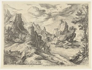 Klippekysten i Campania med by og rejsende af Paul Bril