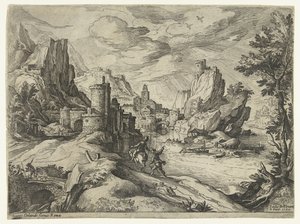 Klippekysten i Campania med by og rejsende af Paul Bril