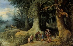 Våbenangreb i en skov En gruppe motorvejsbanditter. Maleri af Paul Bril (Brill) (1554-1626)