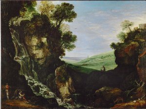 Landskab med vandfald og Vesta-templet i Tivoli af Paul Brill or Bril