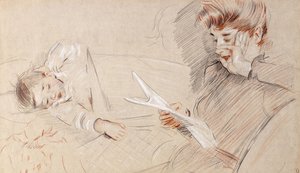 Madame Helleu Reading, med Paulette liggende ved siden af hende på en sofa, af Paul Cesar Helleu