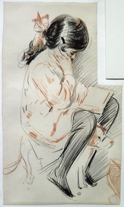 Paulette læser sidder på sin legetøjshund (farvet blyant på papir) af Paul Cesar Helleu
