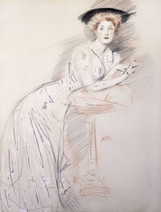 Portræt af frøken Taylor læner sig på et bord, af Paul Cesar Helleu