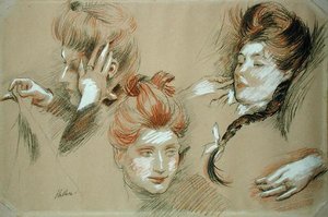 Studie af kvinder (rød og sort kridt forhøjet med hvidt på papir) af Paul Cesar Helleu